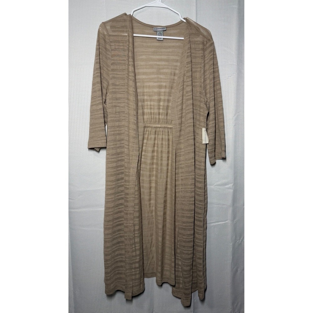 Catherines Duster Cardigan‎ 0X Tan Sheer Striped Open Front 3/4 Sleeve 1111060